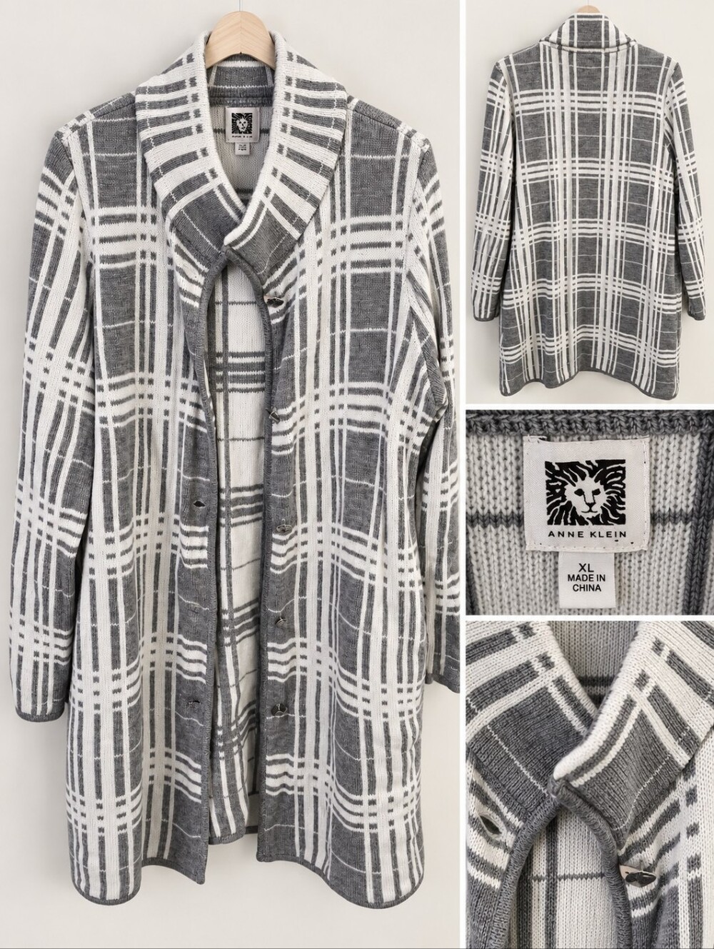 Anne Klein Gray & White Plaid Shawl-Collar Cardigan